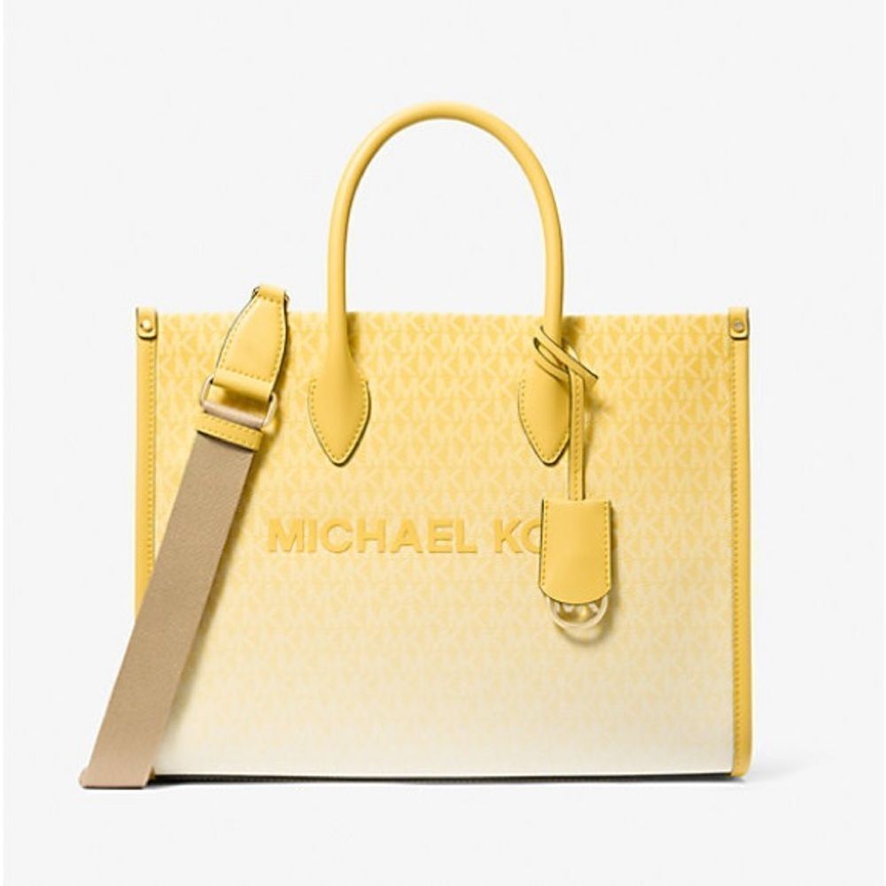 Michael Kors Mirella Ombre Logo Tote Lemon Yellow structured Crossbody Tote New - Picture 6 of 8